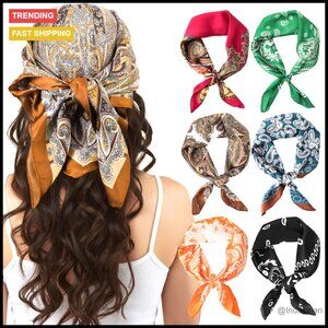 Satin Square Head Scarves Set of 6 Silk Feeling Fashion Wrap Elegant Boho